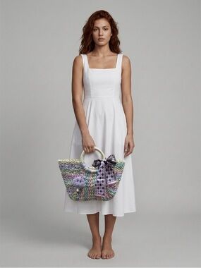 Pastel Multicolor Straw Tote with Bow Accent
